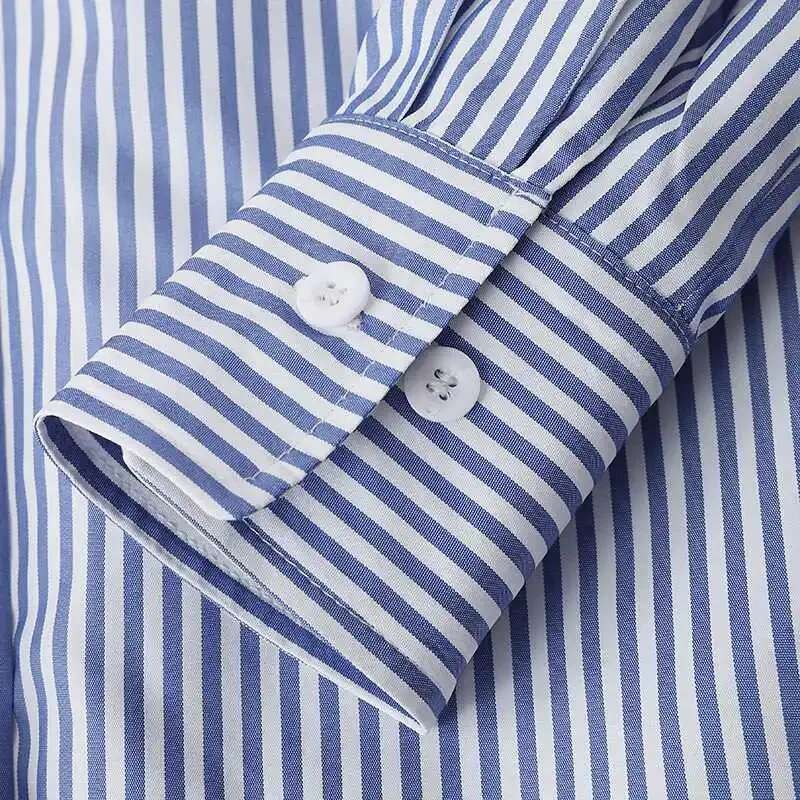 Women Spring Summer Blouses Shirts Lady Fashion Casual Long Sleeve Turn-Down Blue Stripes Blusas Tops