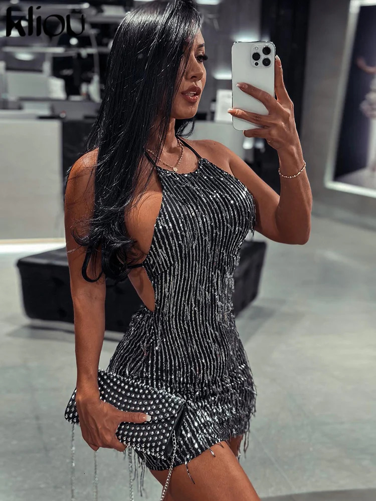 Kliou Tassel Patchwork Shiny Mini Dress Women Halter Bandage Stunning Backless Sleeveless Skinny Vestido Female Party Clubwear 250219