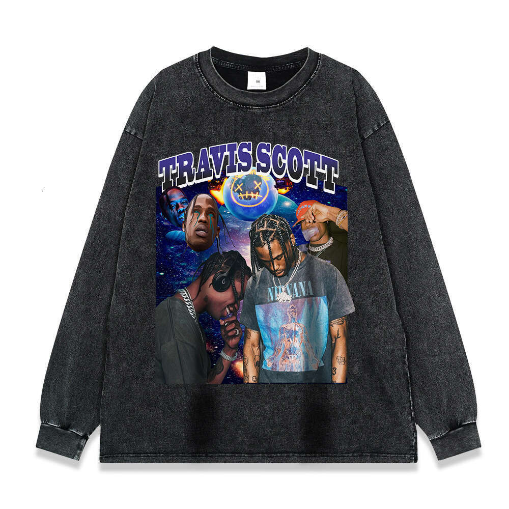 Rap series hip-hop print 260g washed and distressed long sleeved T-shirt for men tee American fashion label