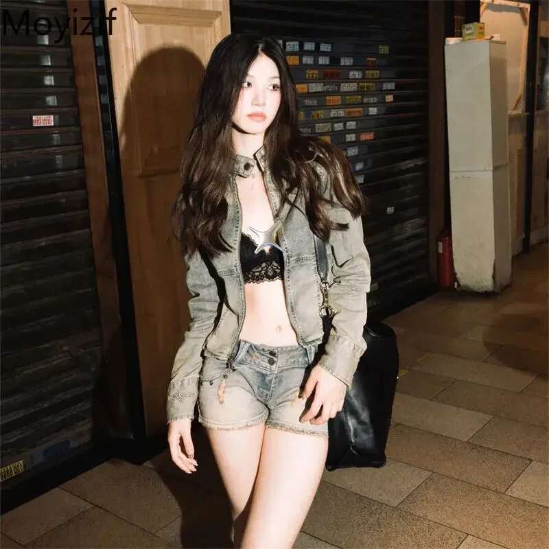 American Spicy Girl Washed Old Slim Denim Jackets Tops Spring New Fashion Stand up Neck Zipper Short Coat Women Clothing