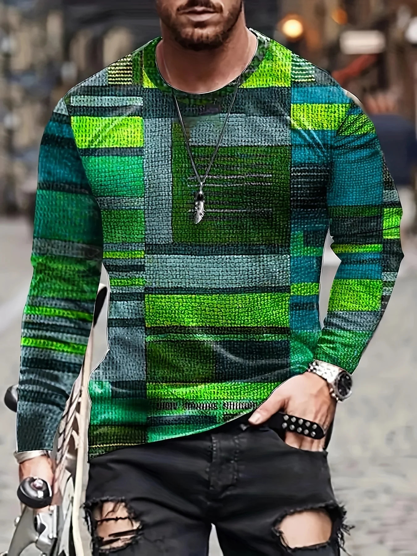 Fashion Mens Colorful Irregular Plaid Pattern Round Neck Longsleeved Tshirt Spring And Autumn Outdoor Sports Tops Tee 250213