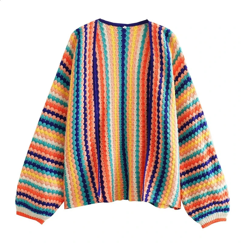 Autumn Winter Cardigan Stripe Sweater Casual Multi-color Hand Hook Loose Knit Womens Clothing Knitwear Soft Warm Female Tops 250220