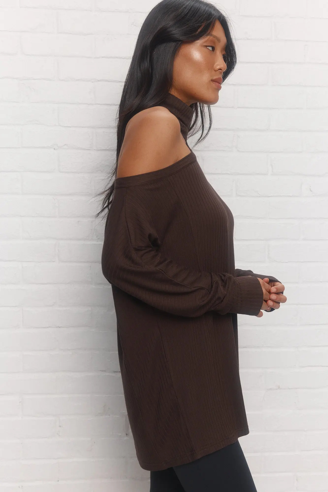 Stylish Ribbed Stretch Fabric Dark Brown High collar Sweater Top with asymmetrical shoulder opening