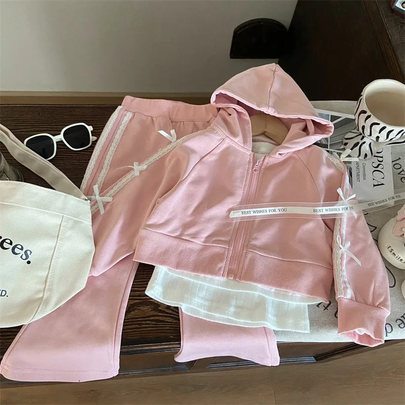 Korean Childrens Spring Girls Two-piece Set Bow Hooded Sweatshirt Jacket Lace Flared Pants Suit Toddler Girl Outfits 250219