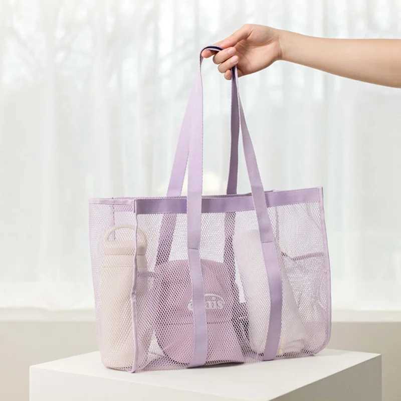 (72))Solid Color Single Shoulder Travel Bag Large Capacity Mesh Beach Bag Daily Matching with Casual Swimming Bath Bag Z250219