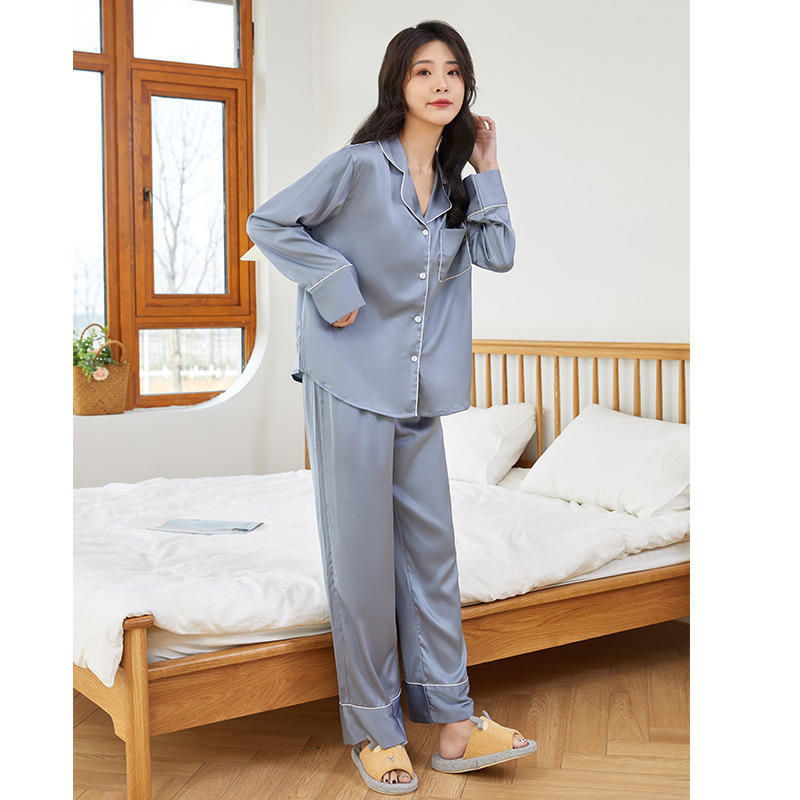 B704-Pajamas women's spring and autumn new ice silk imitation silk long-sleeved cardigan suit solid color home clothes thin style