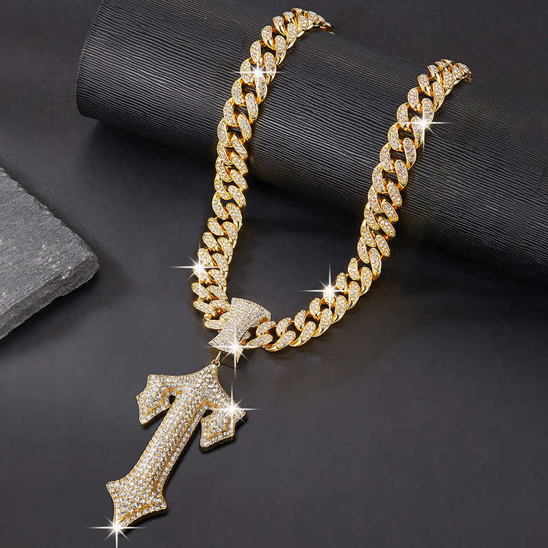 Fashion Gold Plated Cross Sword Jewelry Hip Hop Cuban Chains Zircon Diamond Game Controller Pendant Necklace for Men