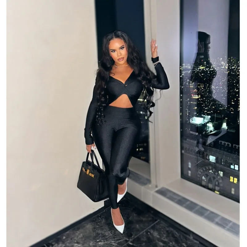 Leosoxs Women Hollow Out Sexy Party Clubwear Long Sleeve Jumpsuits Winter Autumn Slash Neck Crop One Piece Suit Rompers 250220