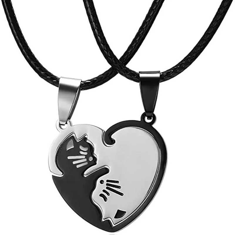 2 Pcs/set Couple Heart Necklace Cute Cartoon Cat Pendant Necklace Simple Color Black Animal Necklace Jewelry Gift For Girl BoysXJ250219