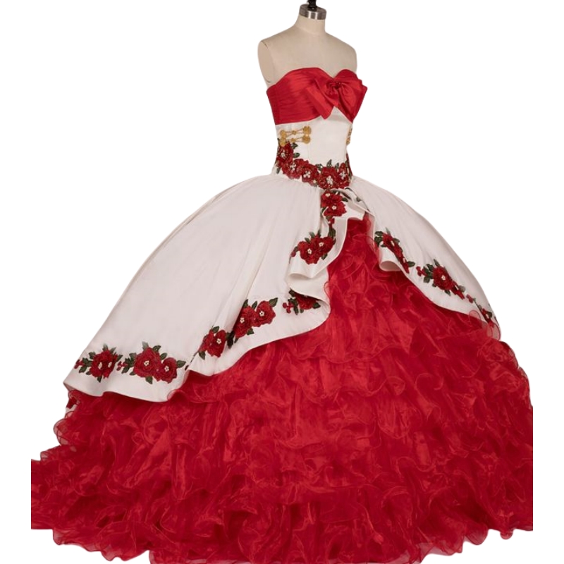 White And Red Charro Quinceanera Dress Tiered Ball Gown Sweet 16 Dresses Floral Embroidery Bow Sweetheart Sleevleess Corset Prom Party Birthday Vestid