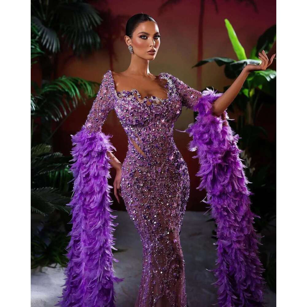 Mermaid Night Dress Formal Dresses For Occasion Square Feathers Bright Appliques prom Custom Ball Gown