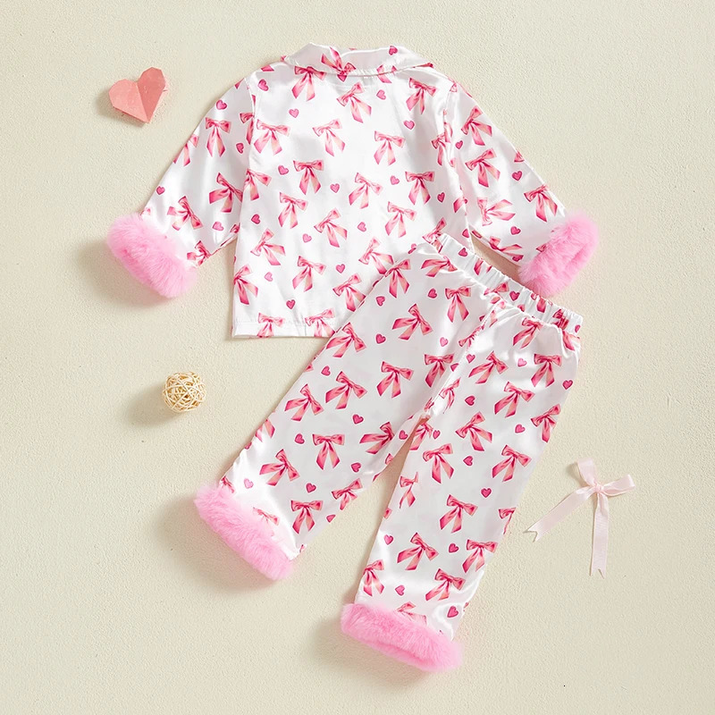 Toddler Girl Pajamas Valentines Day Baby Silk Satin Nightgown Little Kids Girls Pjs Button Down 2 Piece Pajamas Set 250219
