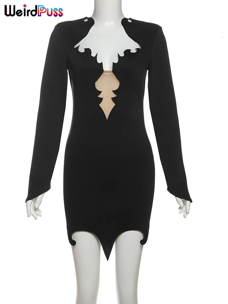 Weird Puss Flame Low-Neck Dress Women Mesh Patchwork Chic Hem Full Sleeve Hipster Elegant Banquet Party Clubwear Mini Bodycon 250219