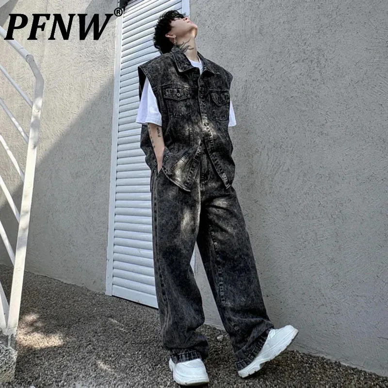 PFNW Two-piece Men Suit Washed Snowflake Pattern Round Hem Denim Vest High Street Jeans Male Set Spring Stylish 28W3286 250220