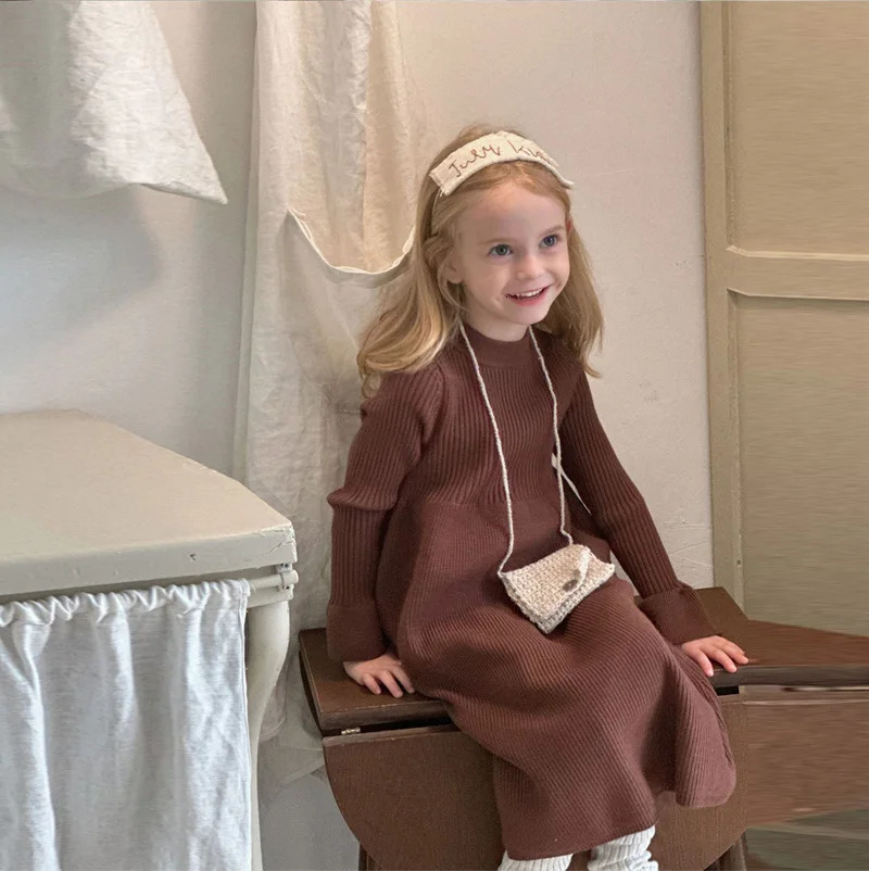 Girls Knitted Dress 2024 Autumn Winter Children Gown Princess Solid Color Vestidos Kids Fashion Sweater Dresses Baby Clothes 250220bj