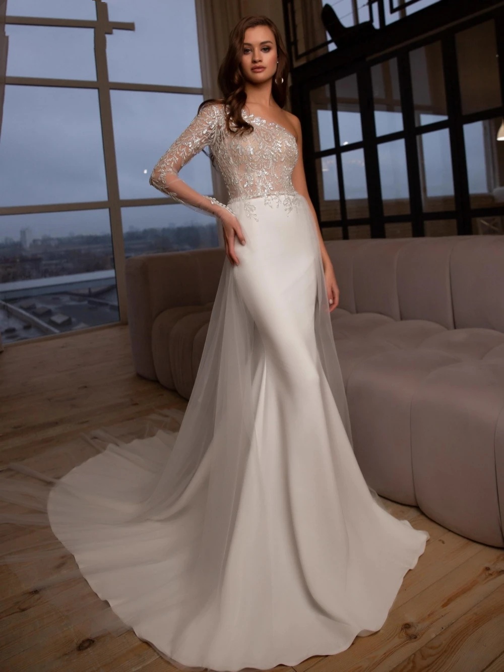 Classic Mermaid Wedding Dress One Shoulder Long Sleeves Bridal Gowns Appliques Sequins Sweep Train Dresses Custom Made vestidos de novia