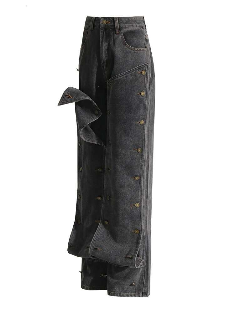 Patchwork Button Denim Loose Pants For Women High Waist Streetwear Straight Jeans Female Fashion Clothing 2025New