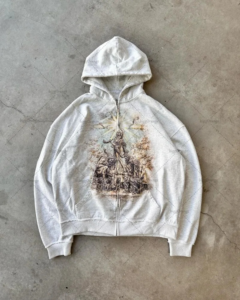 Gothic Punk Style Graphic Zipper Sweatshirt Harajuku Retro Street Cross Print Oversized Sweatshirt Men Trendy Loose Jacket 250214