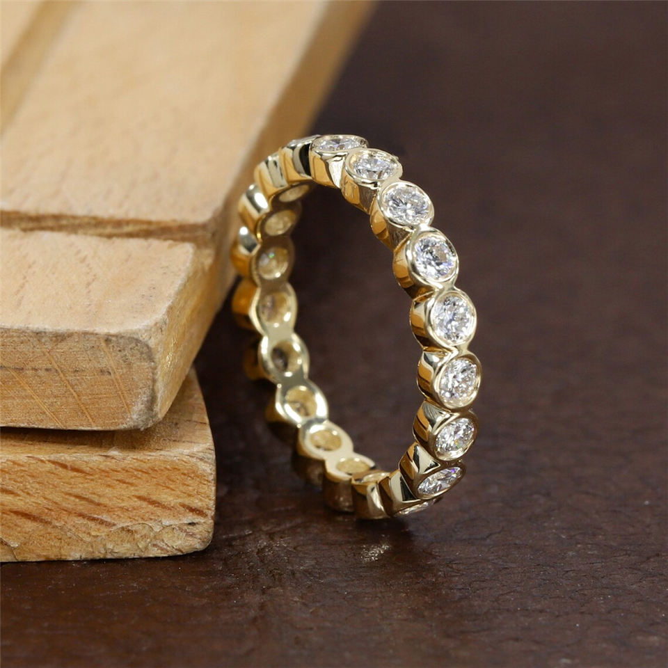JY Jewelry 14K Rose Sollid Gold Round 2.0mm Bezel Set Lab Diamond Full Eternity Band Ring 18K Solid Gold Stackable Wedding Ring For Women Gift