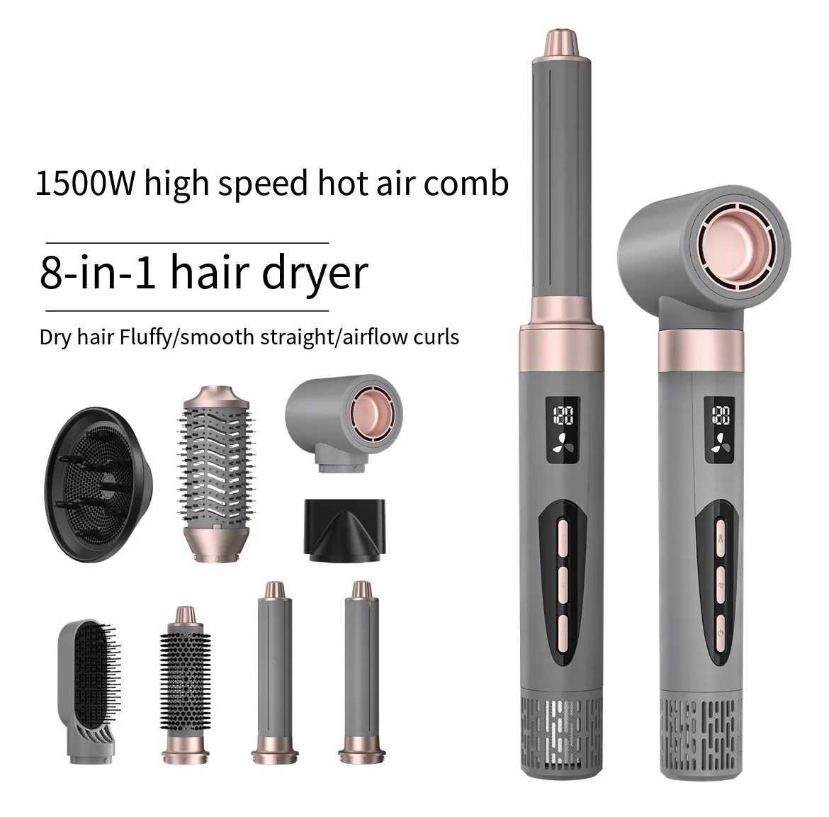 Professional new 8-in-1 high-speed hair dryer brushless automatic curling iron hot air comb LCD display temperature negative ions W250220