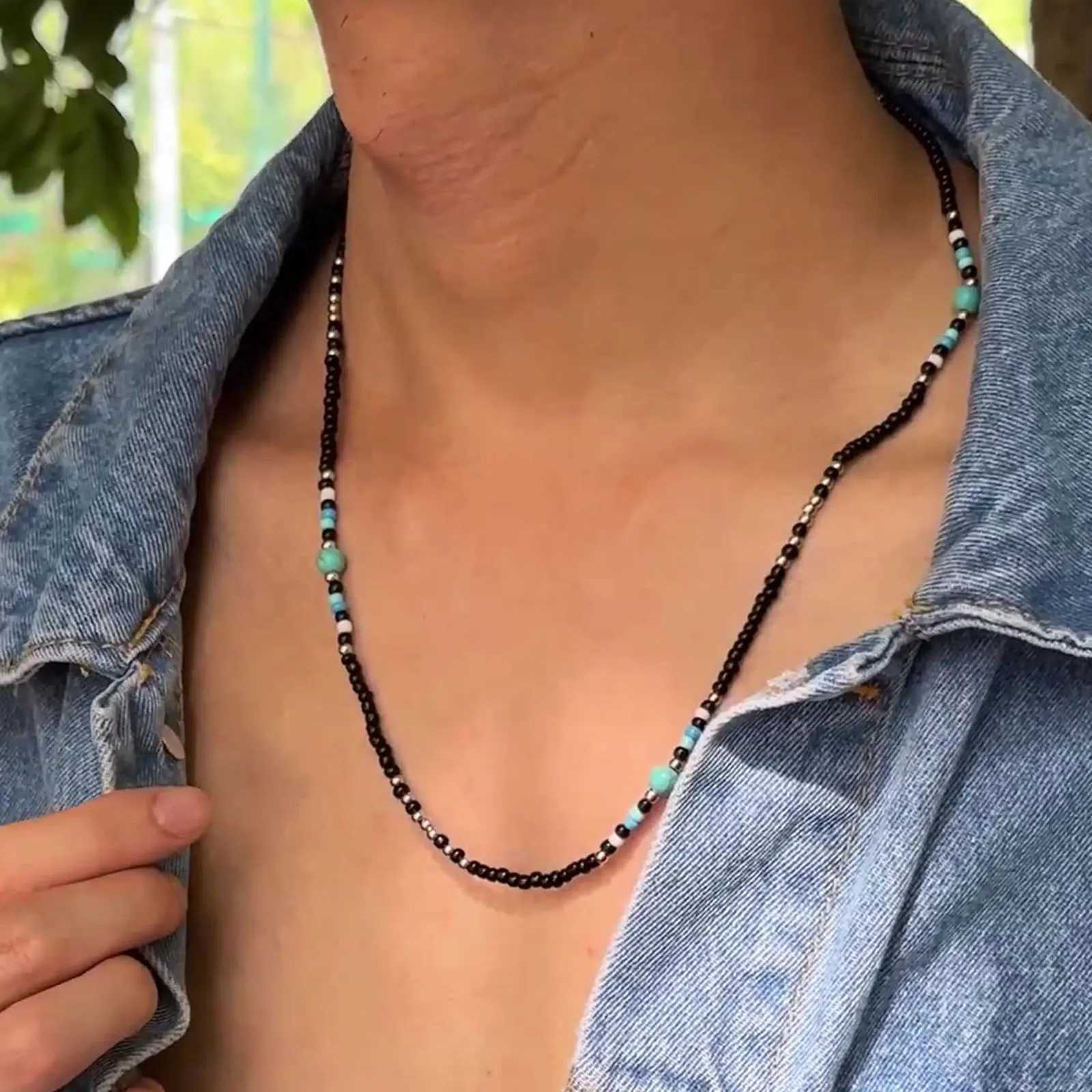Synthetic Turquoise Necklaces for Men BoysMini Black Beaded NecklacesSummer Beach Male JewelryXJ250219
