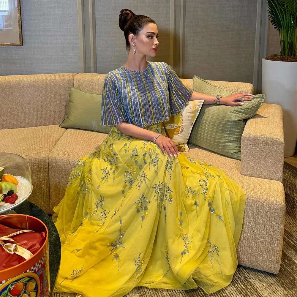 Blue Dubai And Yellow Piece Evening Gown Elegant Long Formal Prom Party Dress Customize BLA