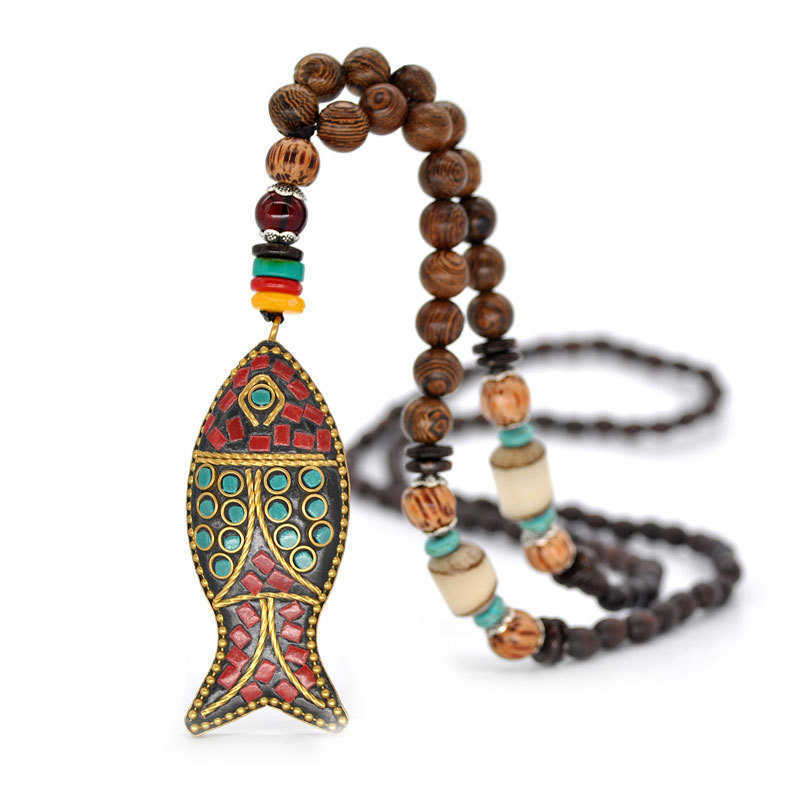 Pendant Necklaces Wind hemp cotton clothing Necklace national wind Buddha beads sweater chain necklace female wooden fish Pendant Long Necklace H25219