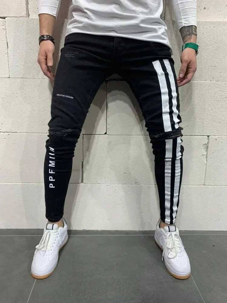 Stripe printing Jeans Men Cotton Stretchy Ripped Skinny Jeans High Quality Hip Hop Black Hole Slim Fit Oversize Denim Pants X250220