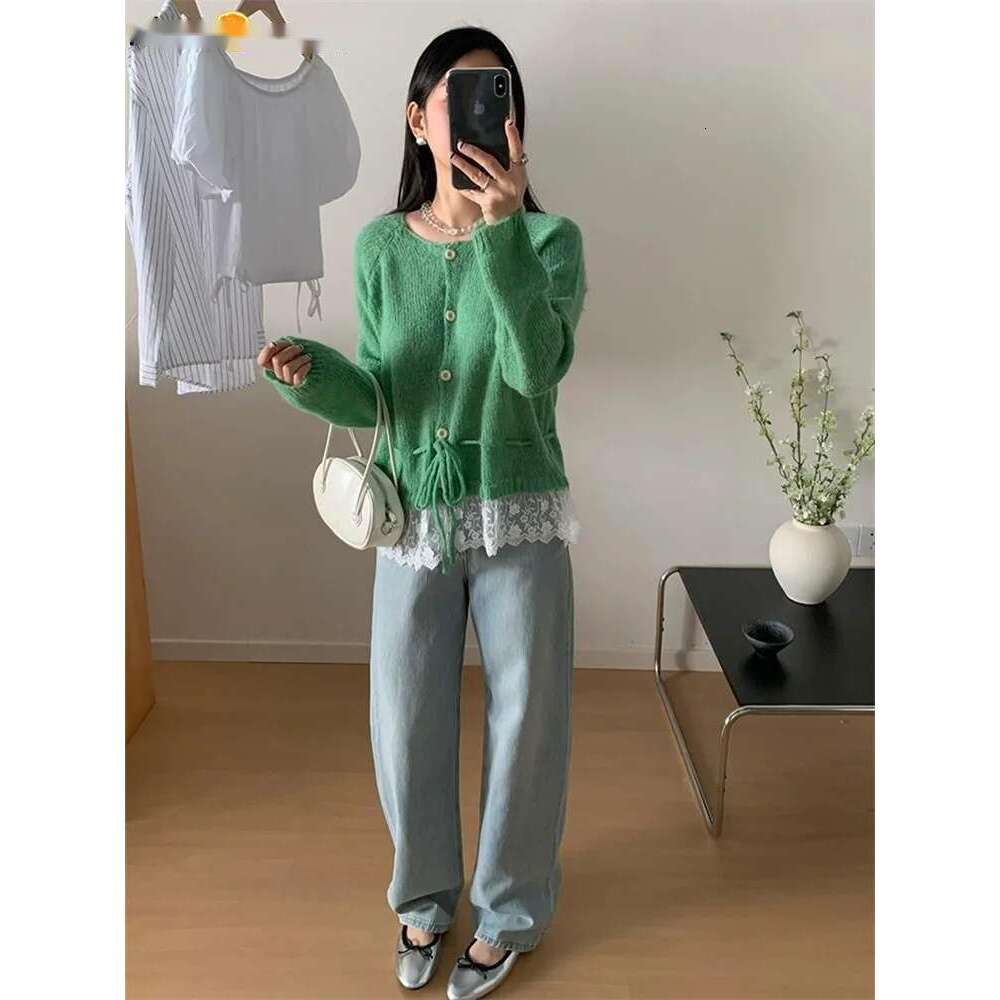 Age Reducing Lace Patchwork Cardigan Women 2025 Spring Knitted Sweater Yellow/Green/White/Gray/Blue