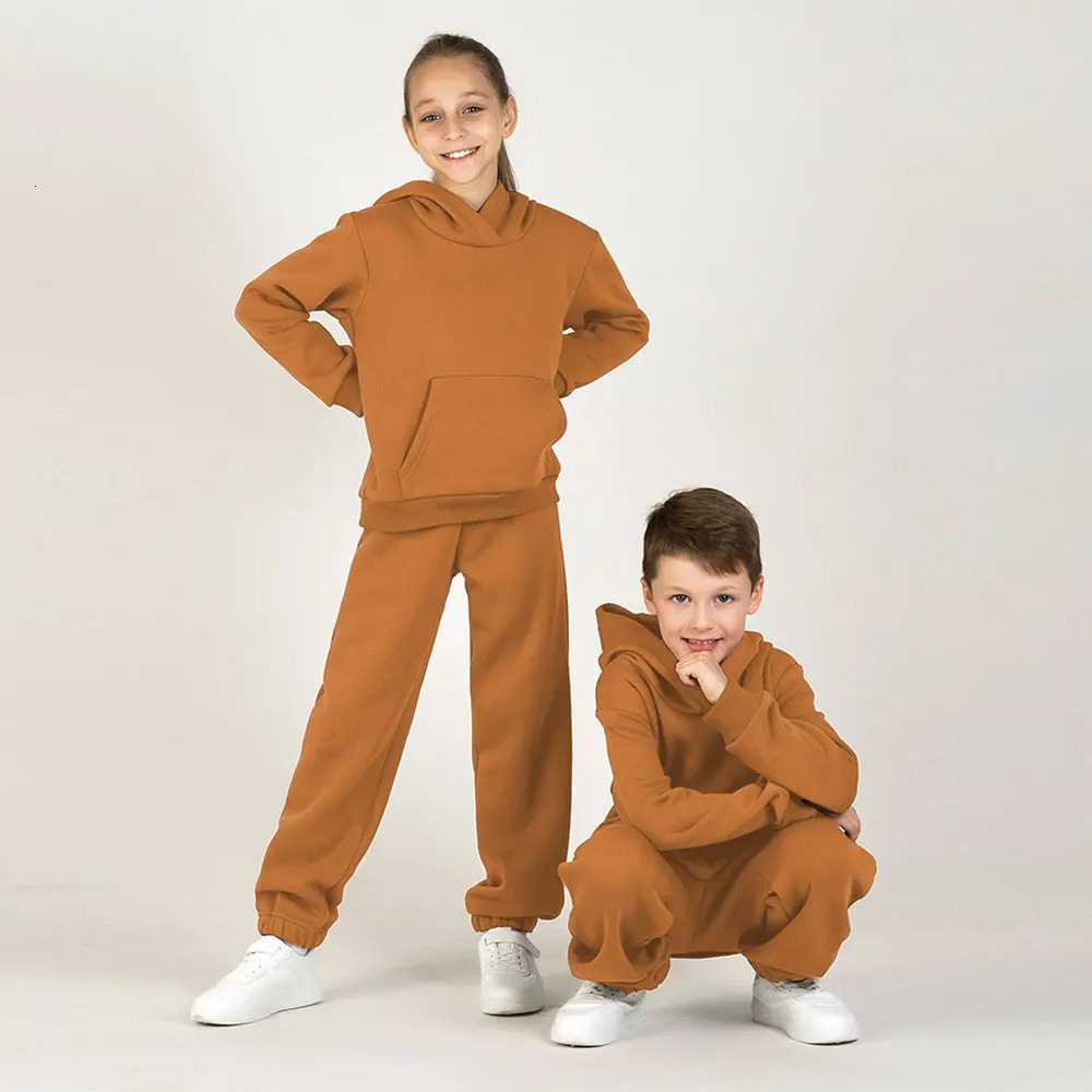 Winter Children Hooded Tracksuits Suits 0-6Y Toddler Boys Girls Clothing Suit Solid Plush Sweater and Sports Pants Set 250220