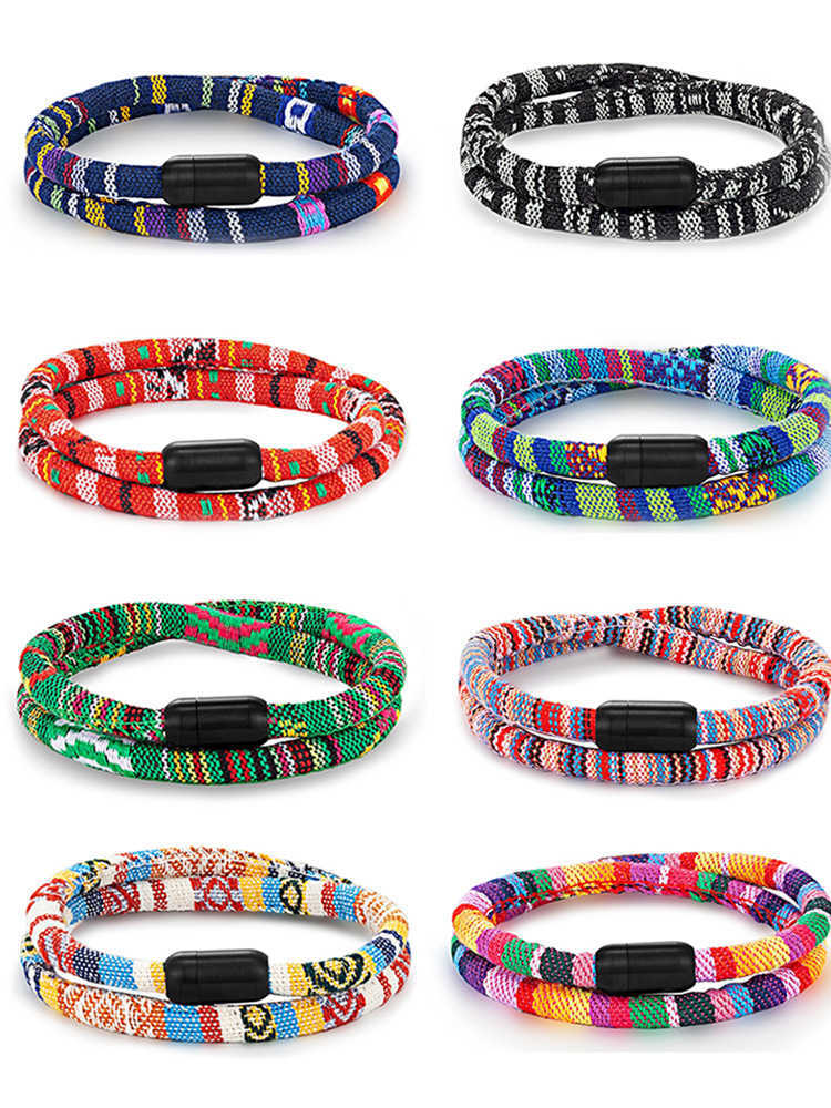 Charm Bracelets Nepalese ethnic wind cotton and linen woven fabric hand rope stainless steel magnet buckle surfer bracelet H25220