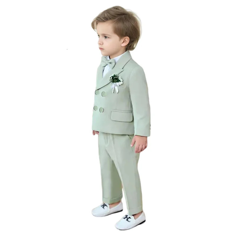 Boys Formal Green Suit Set Children Birthday Host Performance Pography Costume Kids Blazer Pants Bowtie Outfit 250219