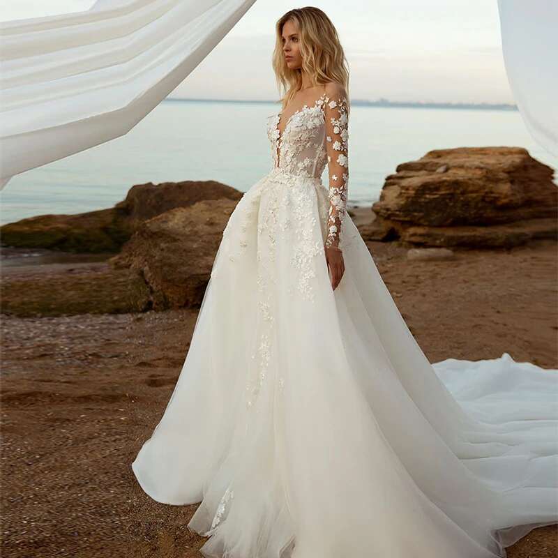 Lace Wedding Dresses for Bride Mermaid Sheer Neck Backless Detachable Overskirt Bridal Gowns Vestidos De Novia Customized