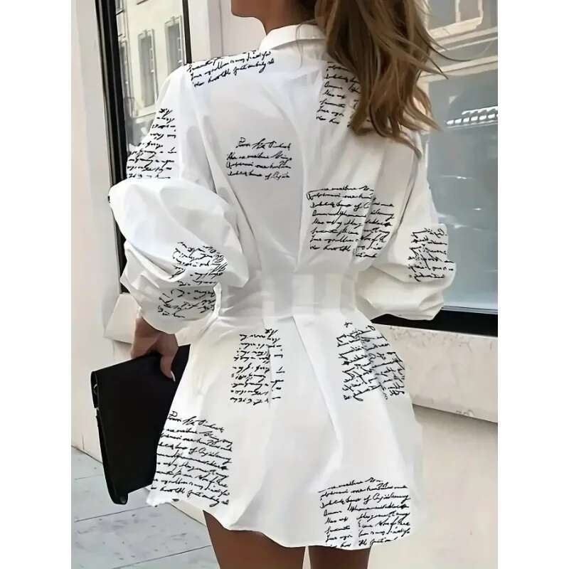 Plus Size 1Xl-5Xl Women Fashionable Printed Waistband With Lantern Sleeves Ladies Casual Blouse Long Sleeve Shirt