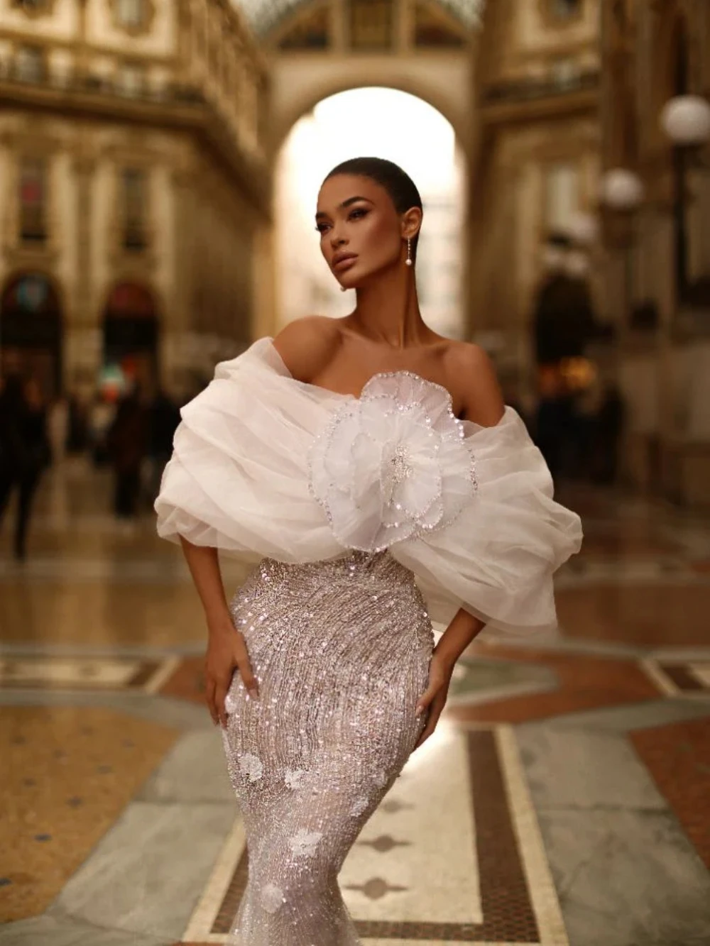 Designer Evening Mermaid Dresses For Women Off Shoulder Sleeveless Gown Sequins Appliques Customized Dress