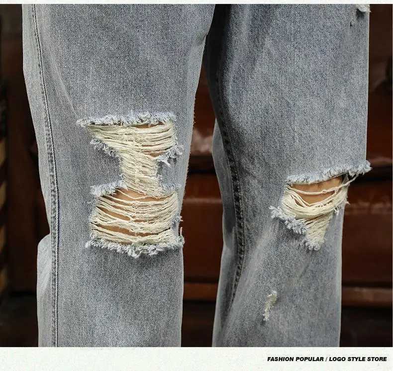 Broken Hole Jeans Mens Summer Thin Style American Washed Distressed Street Straight Leg Casual Long Pants X250220