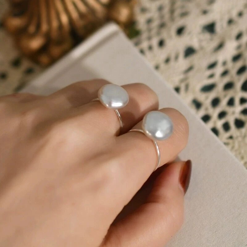 100% Natural Bright FreshWater Round Button Baroque Pearl Ring S925 Sterling Silver Simple Adjustable Ring Ladies Exquisite Gift 250218