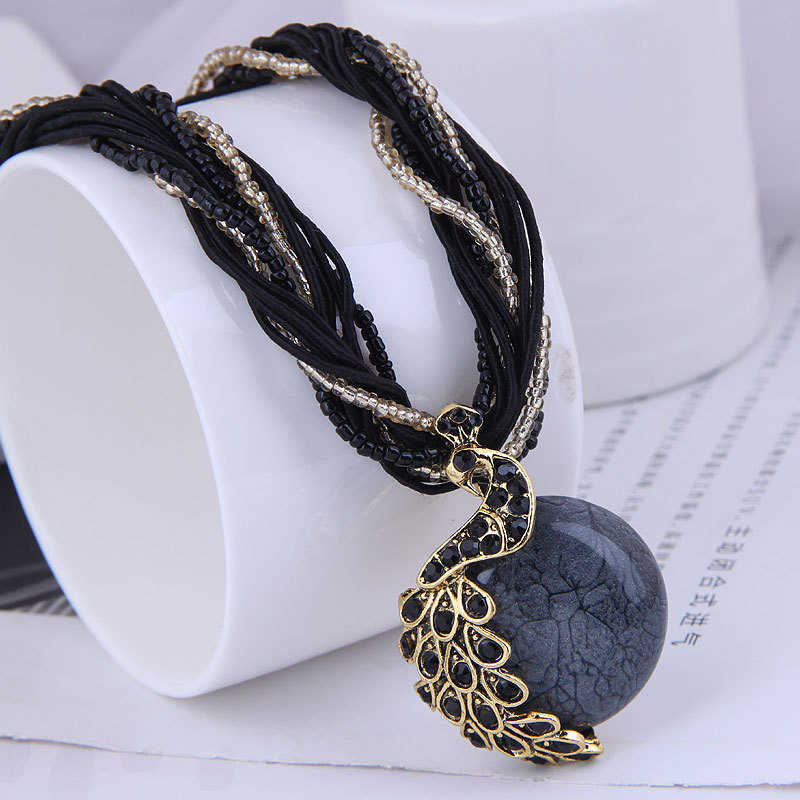 Pendant Necklaces Bohemian style tassel peacock temperament womens rice bead necklace sweater chain H25219