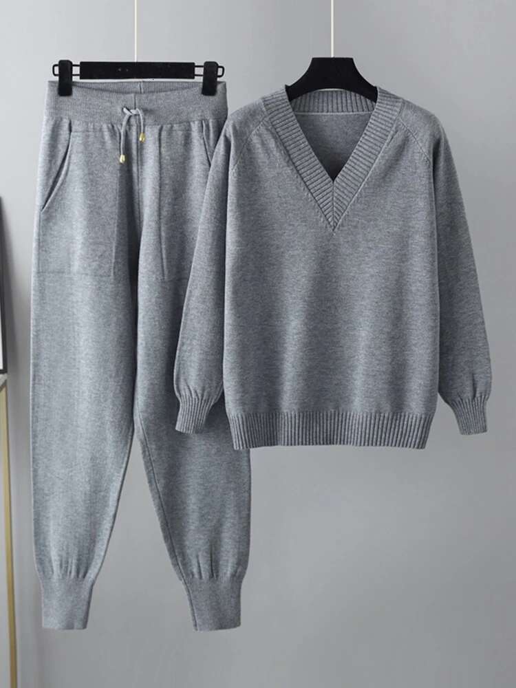 Knitted 2 Pieces Set Women V Neck Full Sleeve Sweater + Pencil Pants Solid Color New 2025 Female Clothing 17G7531