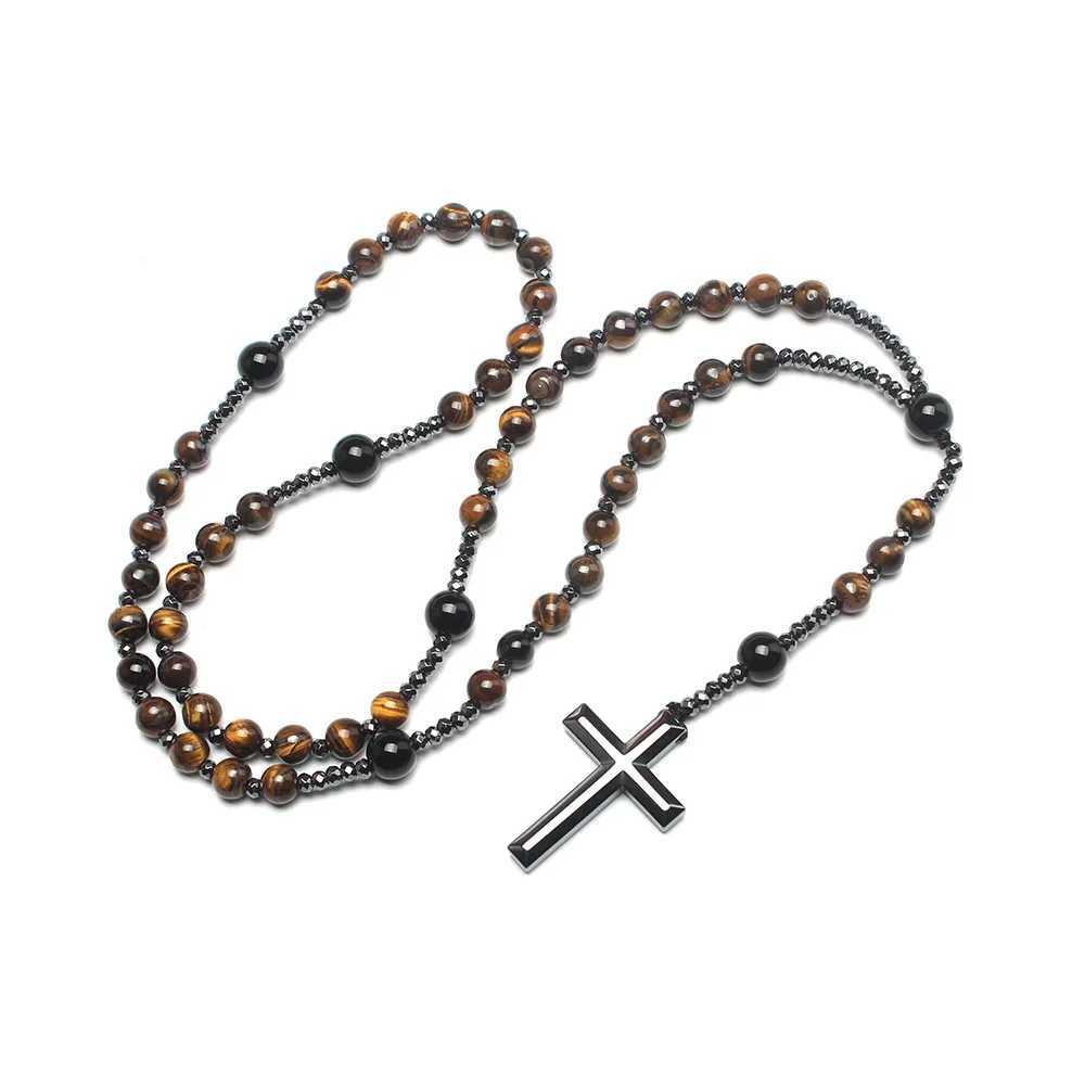 Natural Stone Tiger-eye Beads Hematite Cross Pendant Necklace for Men and Women Rosary JewelryXJ250219