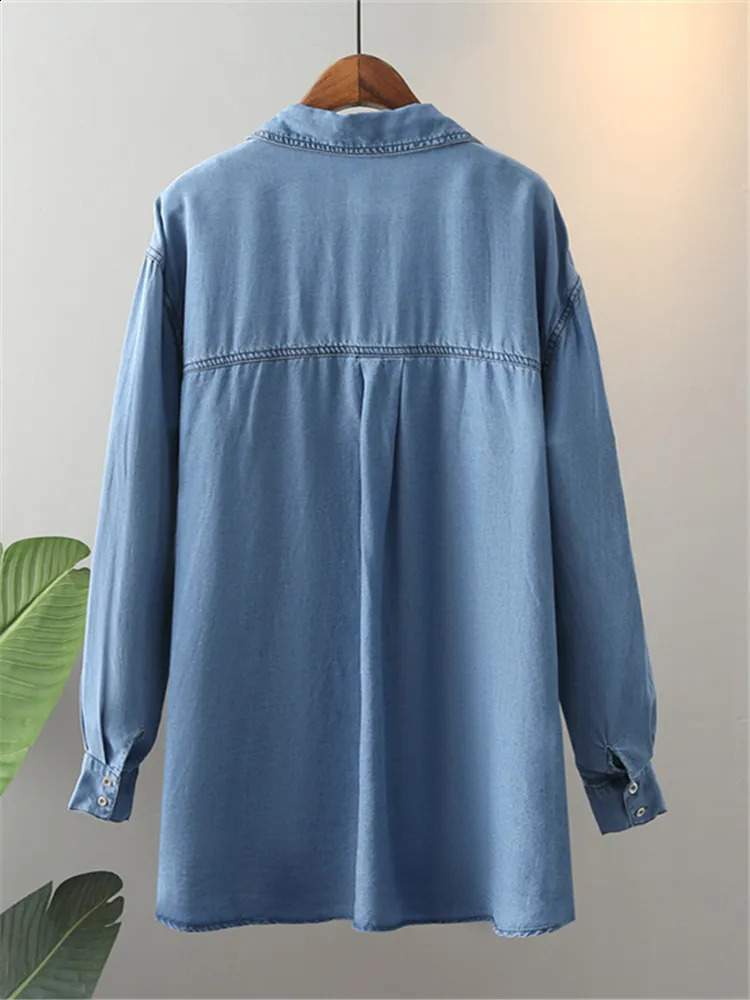 Plus Size Womens Clothing Blouses Shirt Spring And Autumn Denim LongSleeved Lapel Thin Soft Basic Shirts Oversize 250220Z