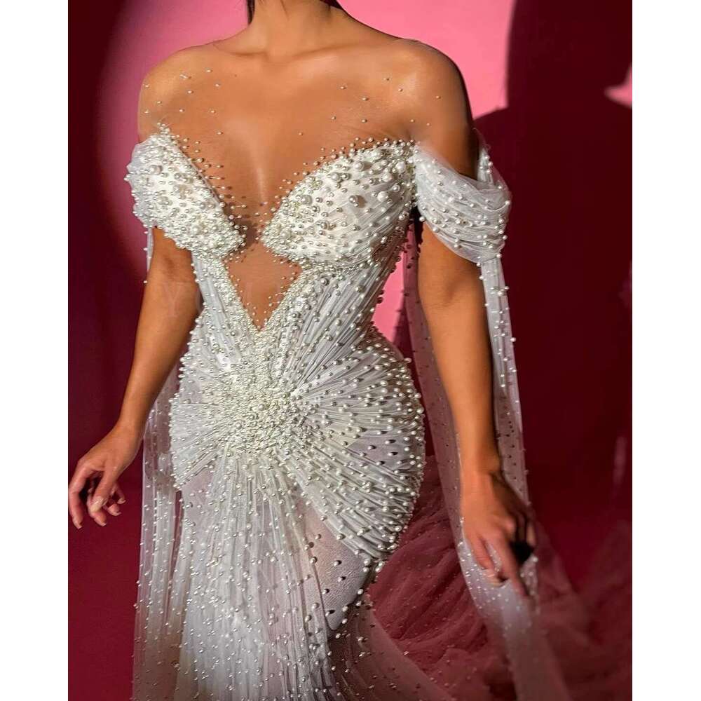 Full pearl 2025 for mermaid bride the off shoulder with cover dubai wedding dresses custom mariage robe