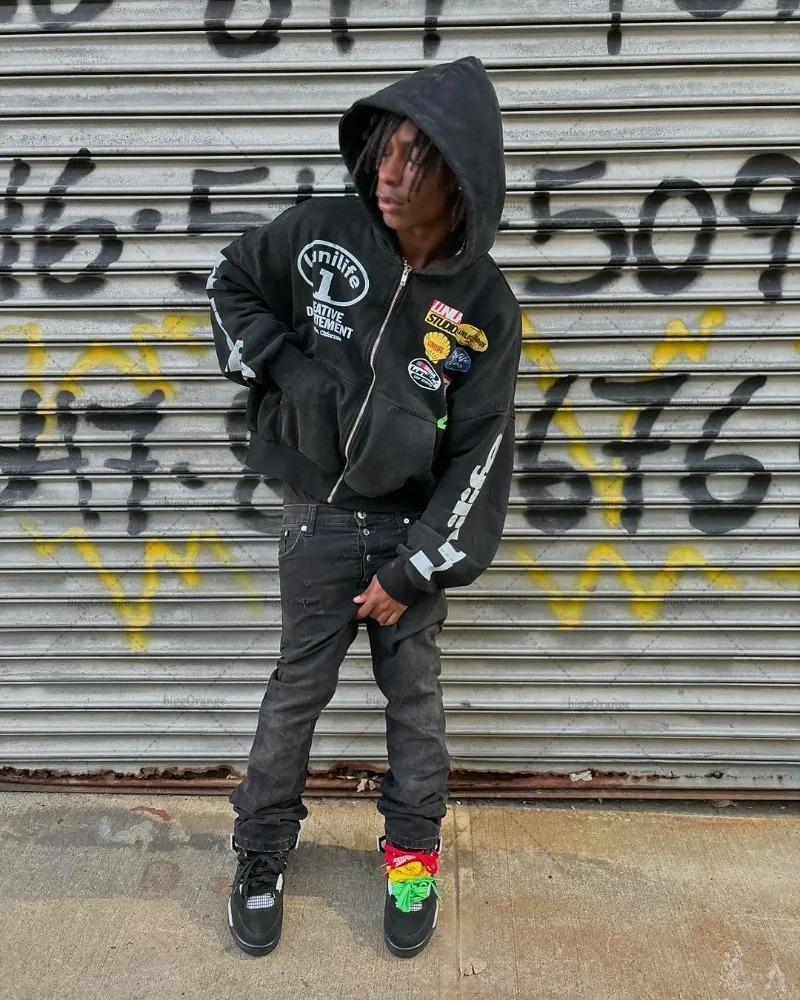 Trend Harajuku Streetwear Jacket American Retro Badge Printed Zipper Hoodie Men Hiphop Punk Casual Oversized Sweatshirt 250219