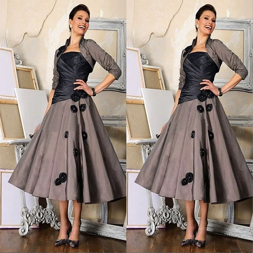 Taffeta Mother Of The Bride Dresses A Line Simple Satin Wedding Guest Gowns Floor Length 3/4 Long Sleeves Groom Mom Formal Party Dress