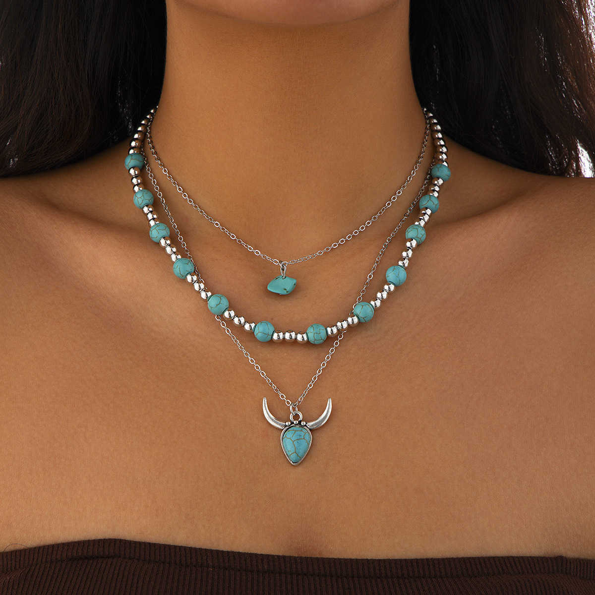 Pendant Necklaces Jewelry bead geometric turquoise collarbone chain casual style multi-layer Bohemian necklace H25219