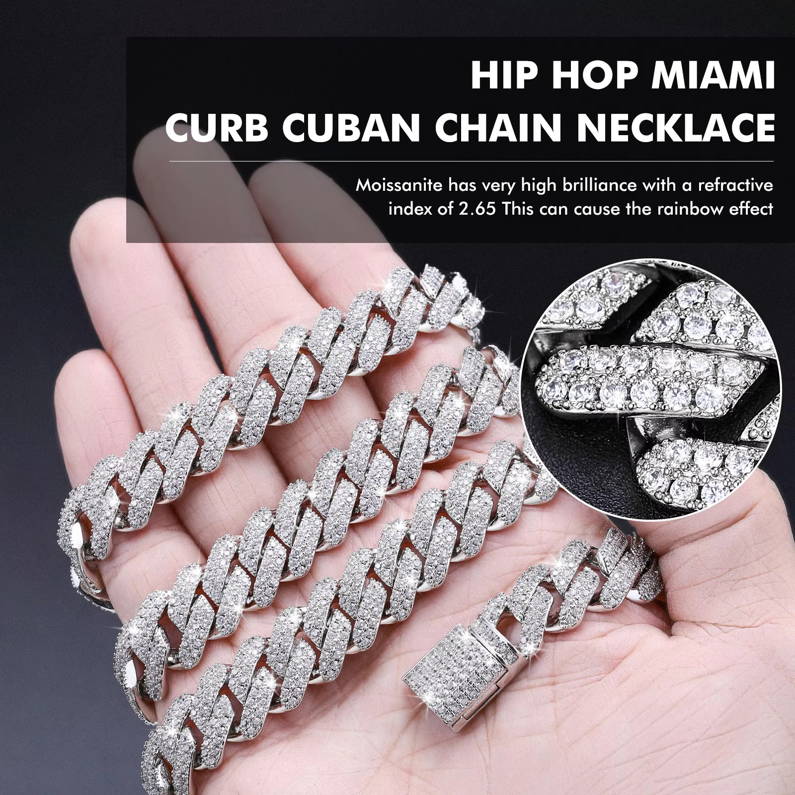 Pure sier necklace Vvs Moissanite 14mm chilled out Cuban chain hip-hop accessory