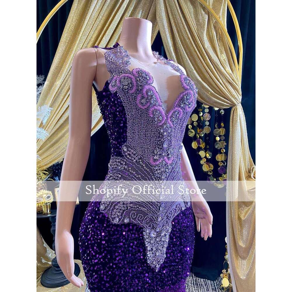 Sparkly Purple Sequins Mermaid Ball Dress Black Girls 2025 The Rhinestone Crystal Feather Long Prom Custom Birthday Dresses