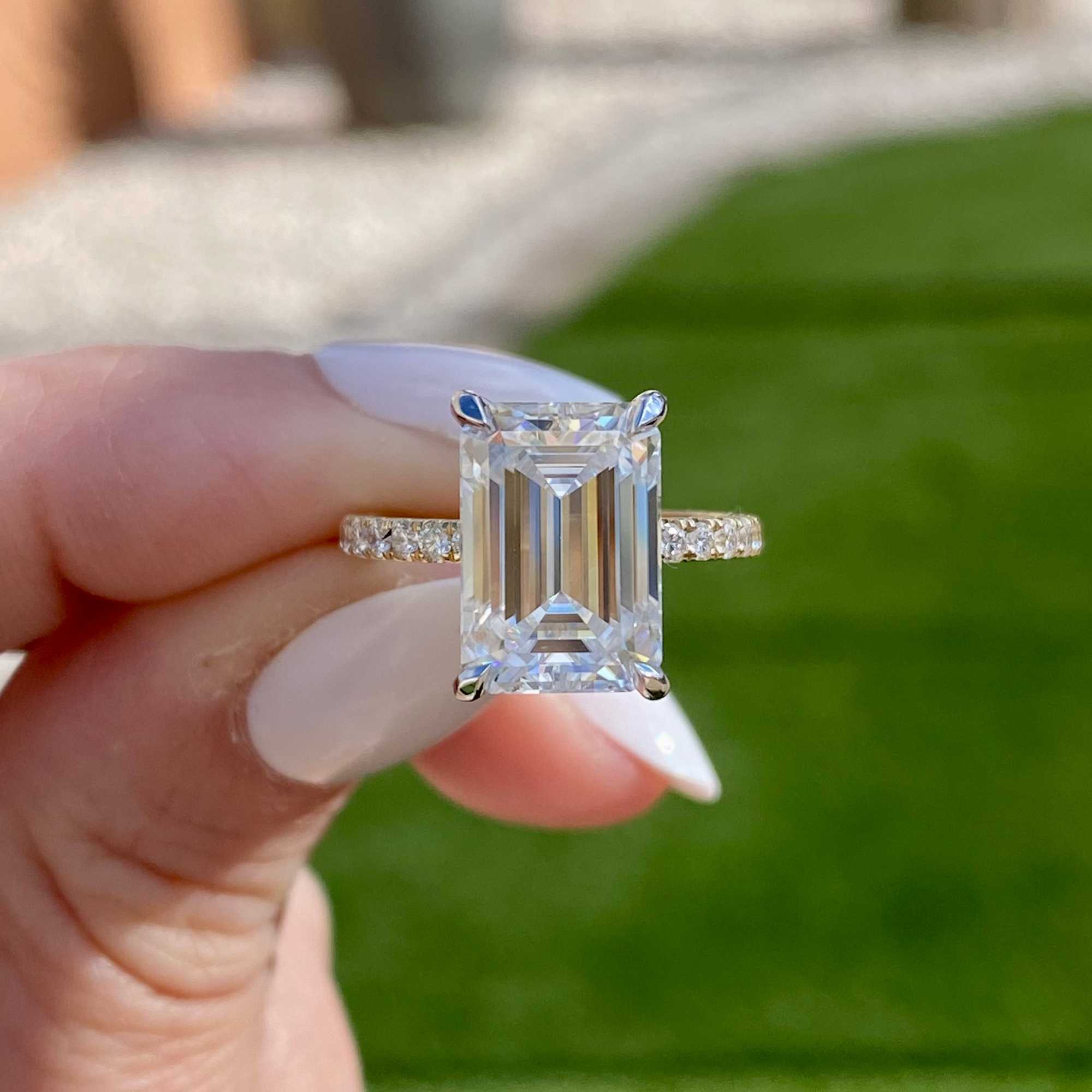 Luster Fine Jewelry Solitaire Hidden halo GRA Certificate Diamond 5ct Emerald Cut 14k Gold Moissanite Ring Set for Engagement