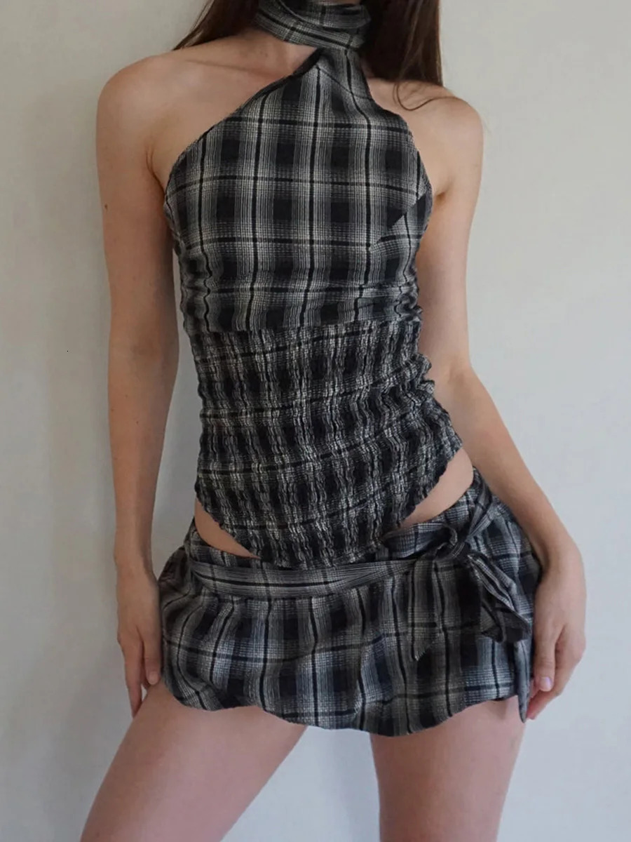 Women Y2K 2 Piece Bubble Skirt Outfit Set Off the Shoulder Plaid Halter Tank Top and Puff Mini Skirt with Belt Party Clubwear 250220