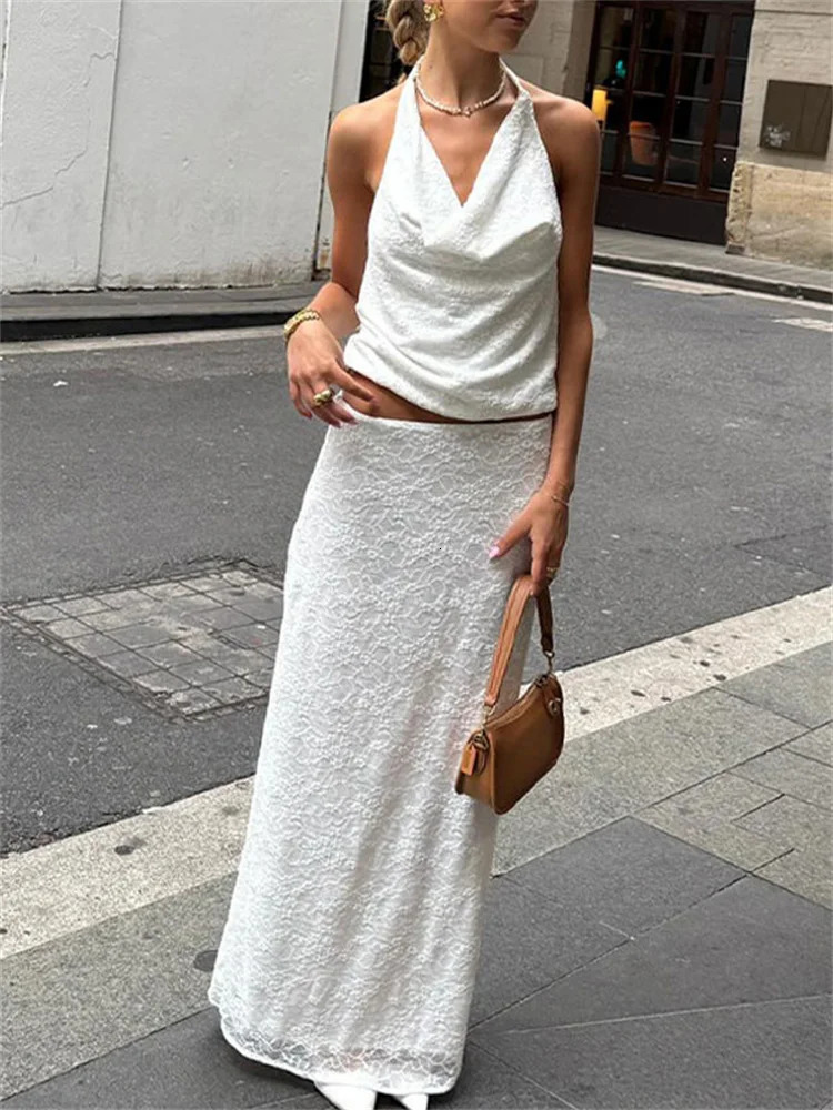 Tossy White Printed 2 Piece-Set Long Skirt Female Lace-Up Backless Sexy Tank Top And High Waist Slim Maxi Skirt Sets Womens 250220